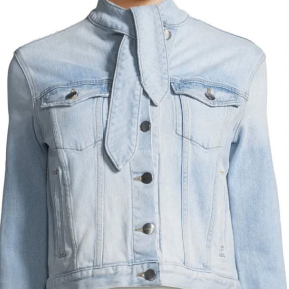 FRAME Le Tie-Neck Button-Front Light-Wash Denim Jacket Size L